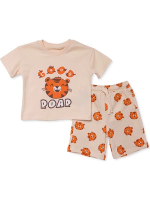 Hellobaby Erkek Bebek Tişört-Şort Kaplan Baskılı Bağcıklı Bisiklet Yaka Short Sleeve Reçme