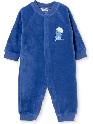 Hellobaby Erkek Bebek Kadife Tulum Hayvan Baskılı Çıtçıtlı Bisiklet Yaka Uzun Kol Patiksiz