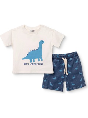 Hellobaby Erkek Bebek Tişört-Şort Dinozor Baskılı Bağcıklı Bisiklet Yaka Kısa Kol Reçme
