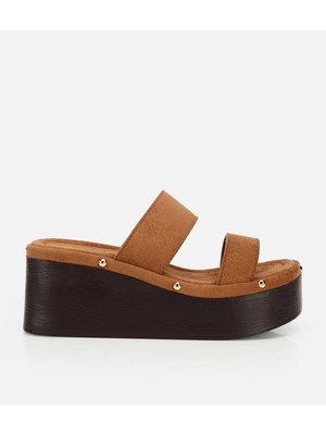 Hotiç 01TEY324190A370 KADIN Taba Süet Taş Aksesuarlı Çift Bantlı Platform Terlik