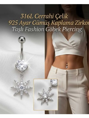 Begonia Accessories 316L Cerrahi Çelik 925 Ayar Gümüş Kaplama Zirkon Taşlı Özel Tasarım Figürlü Göbek Piercing - Paslanmaz Kararmaz Anti Alerjik Kadın Belly Button Piercing Göbek Takısı- 1606-2