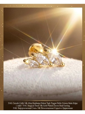 Begonia Accessories 316L Cerrahi Çelik Altın Kaplama Kararmaz Alerji Yapmaz Zirkon Taş Figür Unisex Tragus Helix Küpe Piercing AC210-22