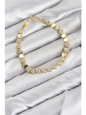 Kyops cm Kalp Model Zirkon Taşlı Vıp Seri Gold Renk Pirinç Kadın Bileklik - Lisinya