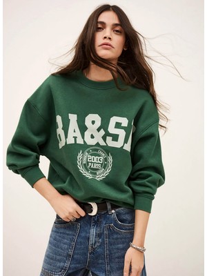 Ba&sh Yeşil Kadın Yuvarlak Yaka Yazı Baskılı Sweatshirt