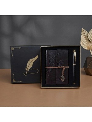 Genel Tedarik Kutulu Deri Defter ve Metal Roller Kalem Seti - Yaprak Desenli - Baskıya Uygun