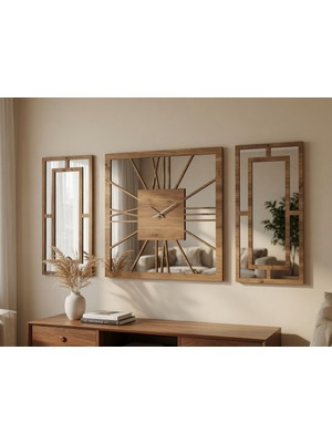 Ergeç Tasarım Aynalı Pleksi Dekoratif Duvar Saati Seti 3 Parça Atlantik Çam 50X50 cm Saat + 2 Adet 50X25 cm Ayna Panel Sessiz Mekanizma
