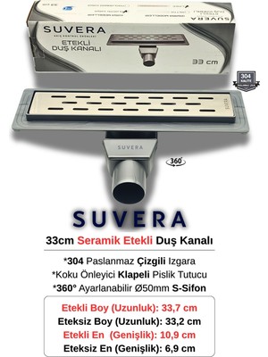 Suvera 33CM 304 Paslanmaz Izgaralı (Seramik Etekli) Koku Önleyici Klapeli Duş Kanalı - Ø50 mm 360° S-Sifon (Çizgili Izgara)