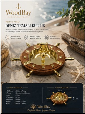 WoodBay Pirinç ve Ahşap Deniz Temalı Küllük 14 cm – Gemi Dümeni Tasarımlı Dekoratif Küllük