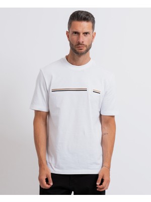 Boss Erkek Regular Fit Logo Çizgili Pamuklu Kısa Kollu Beyaz T-Shirt 50565785-100