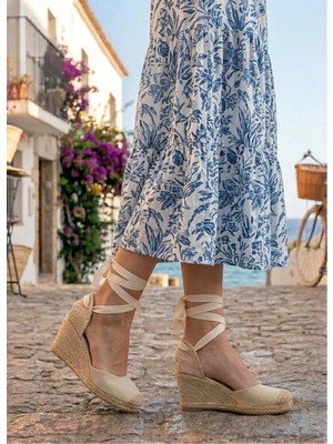 Star Tombis Gerçek Elişi Bej Ipli Dolgu Topuk Keten Espadril Handmade