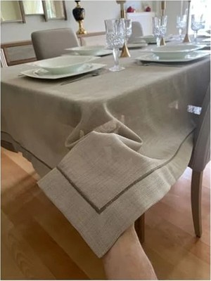 Esranın Dünyası Taş Rengi Detaylı Polyester Keten Masa Örtüsü - 150 x 300