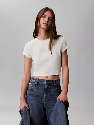 Calvin Klein Kadın Normal Kalıp Logo Baskılı Yuvarlak Yakalı Pamuklu Kısa Kollu Crop Krem T-Shirt LV047G828G-4C8