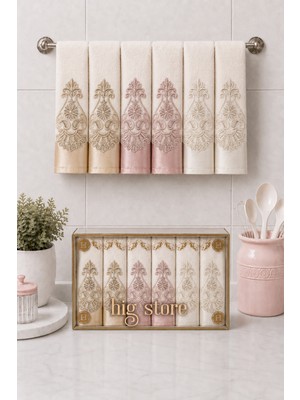 Hig Store Fransız Güpürlü Nakışlı Hediyelik Çeyizlik Gelin Damat Bohçası Kutulu %100 Pamuk Havlu Havlu Seti 30X50 Ebat 6 Adet