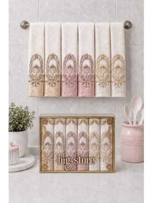 Hig Store Fransız Güpürlü Nakışlı Hediyelik Çeyizlik Gelin Damat Bohçası Kutulu %100 Pamuk Havlu Havlu Seti 30X50 Ebat 6 Adet
