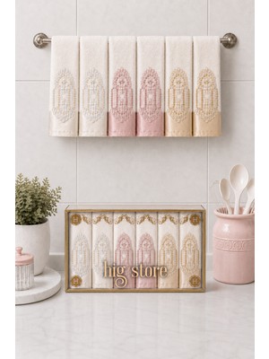 Hig Store Fransız Güpürlü Nakışlı Hediyelik Çeyizlik Gelin Damat Bohçası Kutulu %100 Pamuk Havlu Havlu Seti 30X50 Ebat 6 Adet