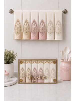 Hig Store Fransız Güpürlü Nakışlı Hediyelik Çeyizlik Gelin Damat Bohçası Kutulu %100 Pamuk Havlu Havlu Seti 30X50 Ebat 6 Adet