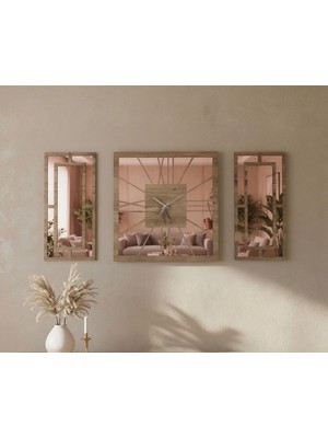 Ergeç Tasarım Rose Gold Pleksi Detaylı 3 Parça Dekoratif Duvar Saati ve Panel Seti 40X40 cm Saat + 20X40 cm Paneller