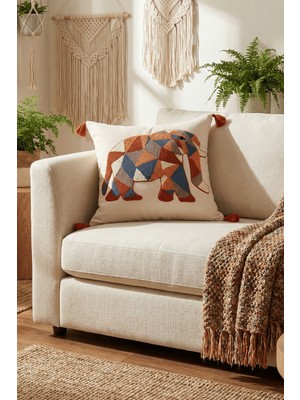 Destiva Home Renkli Etnik Fil Punch Nakışlı Dekoratif Püsküllü Gizli Fermuarlı Pamuk Kırlent Kılıfı 42X42 cm