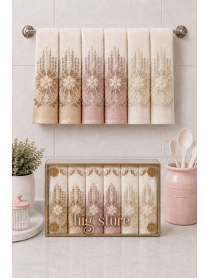 Hig Store Fransız Güpürlü Nakışlı Hediyelik Çeyizlik Gelin Damat Bohçası Kutulu %100 Pamuk Havlu Havlu Seti 30X50 Ebat 6 Adet