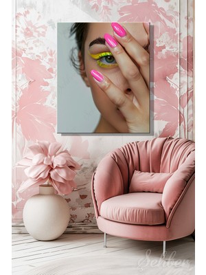 Şehber Dekoratif Dikey Kanvas Tablo Tekli Kuaför Güzellik Salonu Makyaj Nail Art Manikür Kadın Portre 1811