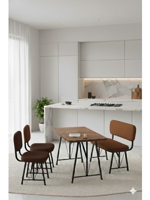 Parlazonhome Elfin 70X110 Atlantik Sabit, 2 Sandalye 1 Bench, Masa Sandalye Takımı, Mutfak Masası Takımı - Kahve