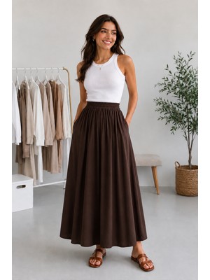 Dream Style Kadın Tencel Kumaş Beli Lastikli Cep Detaylı Etek