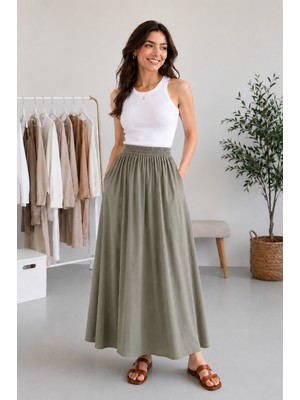 Dream Style Kadın Tencel Kumaş Beli Lastikli Cep Detaylı Etek