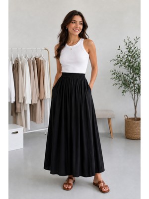 Dream Style Kadın Tencel Kumaş Beli Lastikli Cep Detaylı Etek