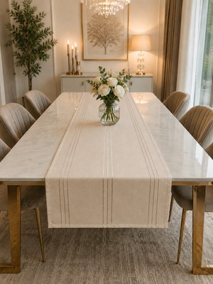 Zeyno Home Tekstil %100 Polyester Dertsiz Leke Tutmaz Şerit Desenli Runner Masa Örtüsü 53X220 cm