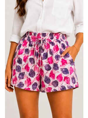 Emporya Pembe Mor Yaprak Desenli — Lastikli Bel — Cepli — Yazlık Rahat Kadın Şort — Günlük ve Tatil Kullanımına Uygun