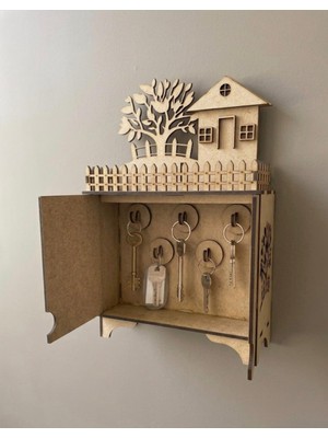 Linea Craft Ahşap Çiçek ve Ev Desenli Anahtar Askılığı