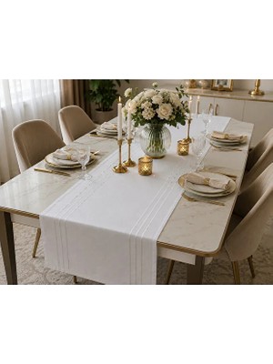 Zeyno Home Tekstil %100 Polyester Dertsiz Leke Tutmaz Şerit Desenli Runner Masa Örtüsü 34X220 cm