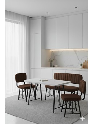 Parlazonhome Elfin 70X110 Beyaz Sabit, 2 Sandalye 1 Bench, Masa Sandalye Takımı, Mutfak Masası Takımı - Kahverengi
