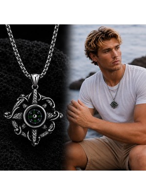 Voyage Accessory Paslanmaz Çelik Çalışır Durumda Marine ve Gotik Tarz Pusula Kolye