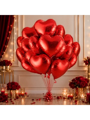 Kuzey Oyuncak Vıp Kalite 46 cm Şişer 16 Adet Parlak Metalik Kırmızı Kalpli Folyo Balon Kırmızı Kalpli Balon 46 cm