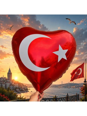 Kuzey Oyuncak Vıp Kalite 14 Adet Kalpli Türk Bayraklı Balon 70 cm Kırmızı Türk Bayraklı Folyo Balon Metalik Balon