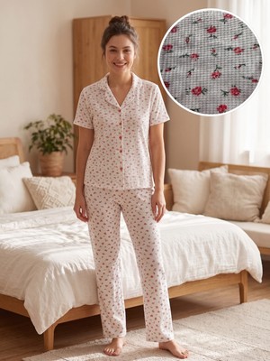 Sleeproom Önden Düğmeli Waffle Kumaş Çiğçek Desen Beyaz Kısa Kol Pijama Takımı