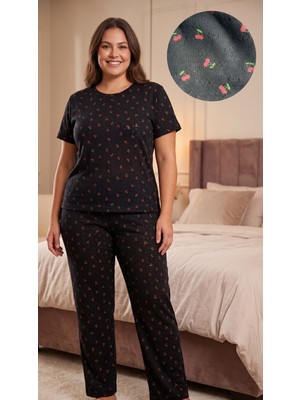 Sleeproom Büyük Beden Pointel Kiraz Desen Siyah Kısa Kol Pijama Takımı
