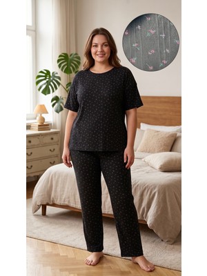 Sleeproom Büyük Beden Pointel Çiçek Desen Siyah Kısa Kol Pijama Takımı