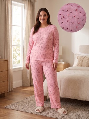 Sleeproom Büyük Beden Pointel Çiçek Desen Pembe Uzun Kol Pijama Takımı