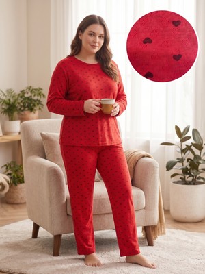 Sleeproom Büyük Beden Pointel Kalp Desen Kırmızı Uzun Kol Pijama Takımı