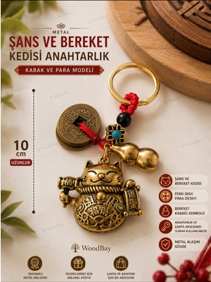 WoodBay Şans ve Bereket Kedisi Anahtarlık 10 cm | Feng Shui Para ve Bereket Kabağı Sembollü Dekoratif Anahtarlık Model 3