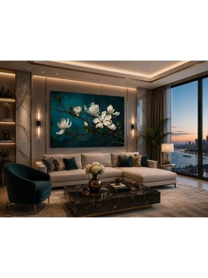 Ftrmalzemecim Beyaz Manolya Çiçekleri Premium Kanvas Tablo – Modern Lüks Salon, Antre ve Yatak Odası Için Çerçevesiz Dekoratif Duvar Tablosu