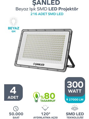 ŞANLED 300W 27.000 Lümen 6500K Beyaz Işık Smd LED Projektör-4 Adet