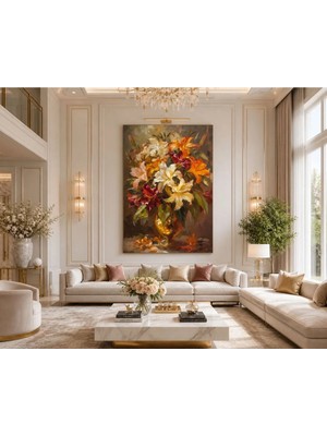 Ftrmalzemecim Golden Bloom Majesty – Lüks Çiçek Aranjmanı Sanat Tablosu
