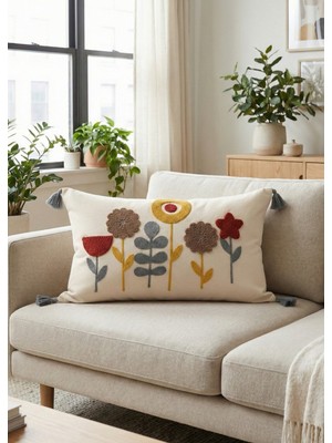 Destiva Home Renkli Çiçek Bahçesi Punch Nakışlı Dekoratif Püsküllü Gizli Fermuarlı Pamuk Kırlent Kılıfı 35X55 cm