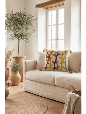 Destiva Home Renkli Dal Punch Nakışlı Dekoratif Püsküllü Gizli Fermuarlı Pamuk Kırlent Kılıfı 42 x 42 cm