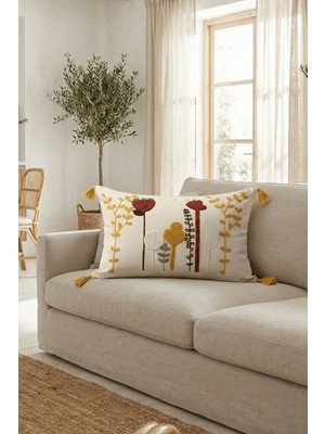 Destiva Home Renkli Kaktüs Punch Nakışlı Dekoratif Püsküllü Gizli Fermuarlı Pamuk Kırlent Kılıfı 35X 55 cm