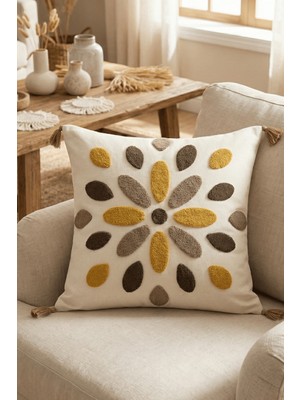 Destiva Home Renli Damla Punch Nakışlı Püsküllü Dekoratif Gizli Fermuarlı Pamuk Kırlent Kılıfı 42X42 cm