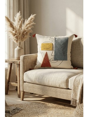 Destiva Home Renkli Soyut Yüz Punch Nakışlı Dekoratif Püsküllü Gizli Fermuarlı Pamuk Kırlent Kılıfı 42X42 cm